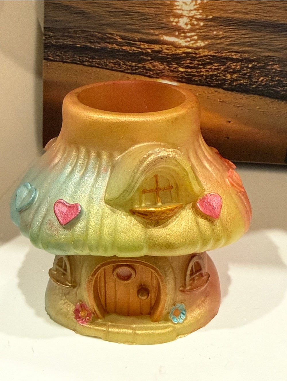 Pastel Resin Gold Mushroom House Vase with Rainbow Accents